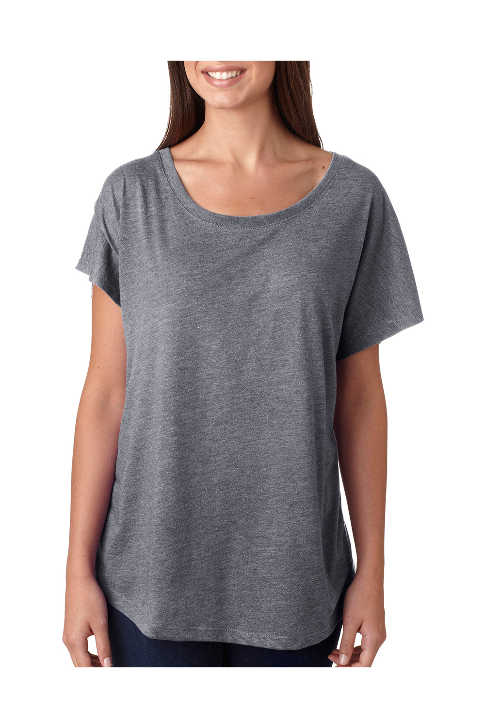 Next Level 6760 Womens Dolman Jersey Short Sleeve Scoop Neck T-Shirt Heather Grey Model Front