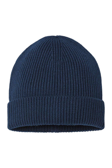 Atlantis Headwear ANDY Mens Sustainable Fine Rib Cuffed Beanie Navy Blue Flat Front