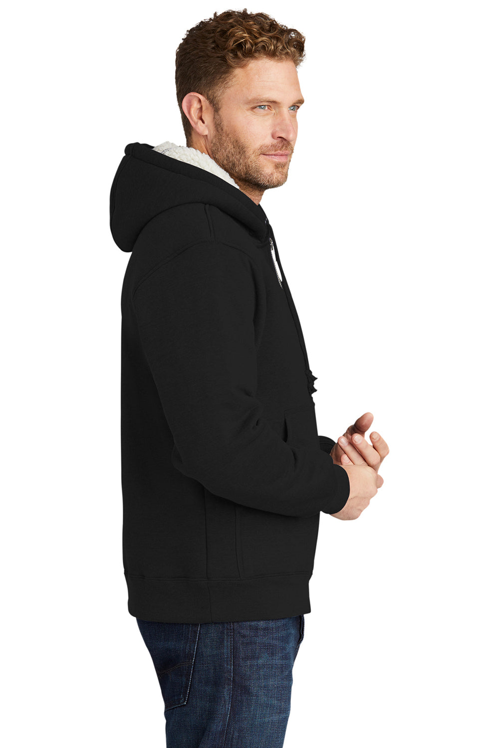 CornerStone CS625 Mens Water Resistant Fleece Full Zip Hooded Sweatshirt Hoodie Black Model Side