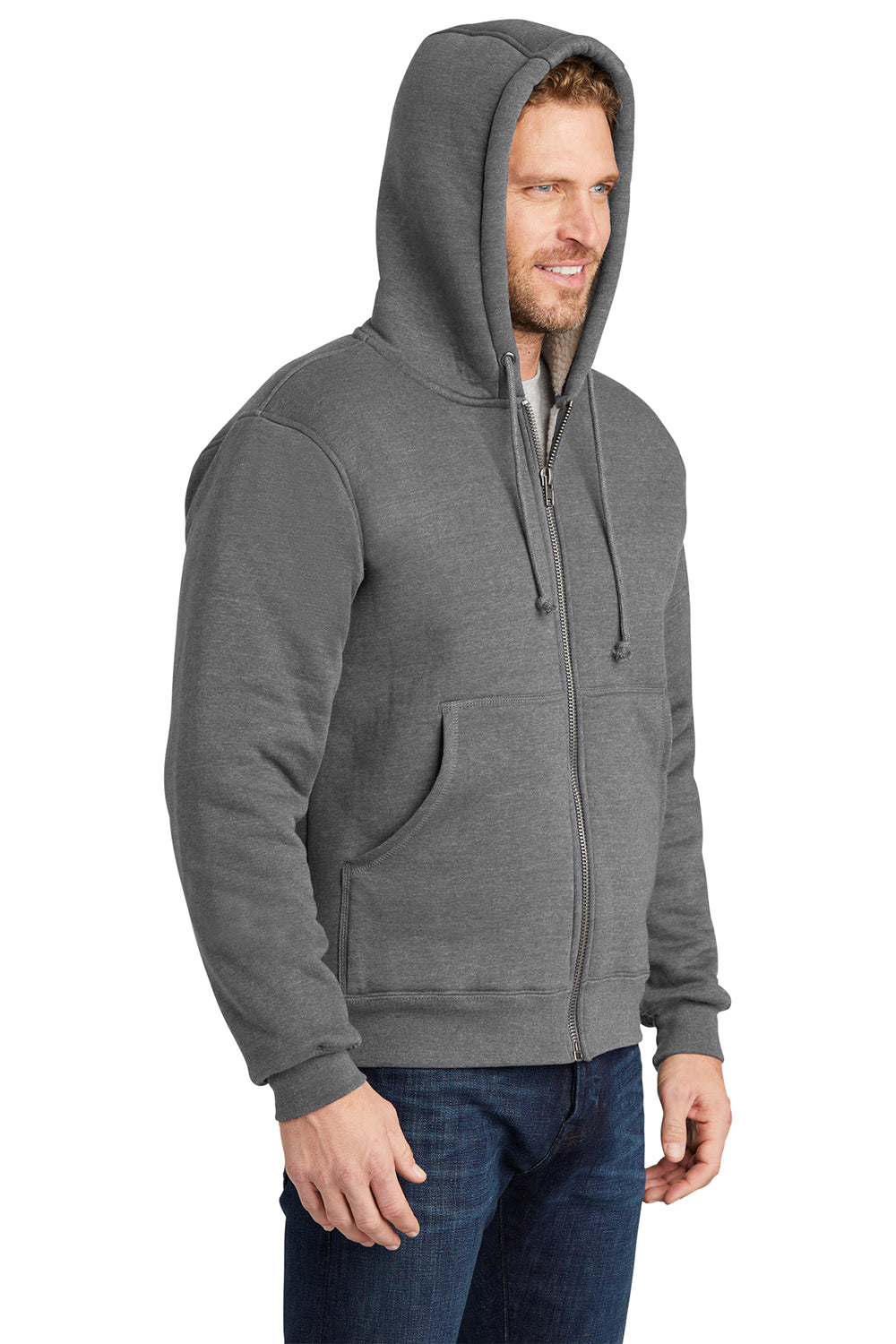 CornerStone CS625 Mens Water Resistant Fleece Full Zip Hooded Sweatshirt Hoodie Grey Model 3q