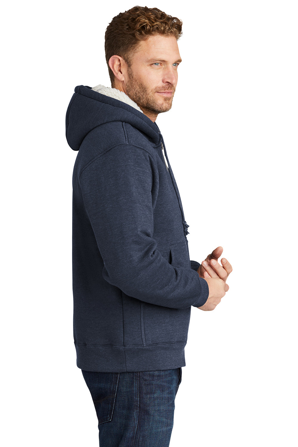 CornerStone CS625 Mens Water Resistant Fleece Full Zip Hooded Sweatshirt Hoodie Navy Blue Model Side