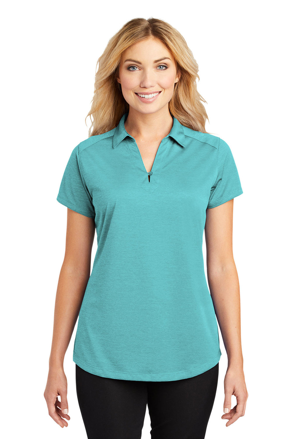 Port Authority L574 Womens Digi Heather Performance Moisture Wicking Short Sleeve Polo Shirt Maui Blue Model Front