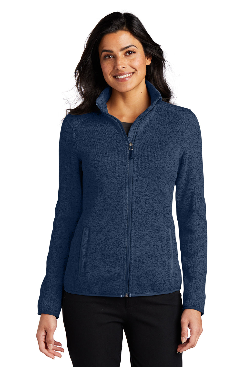 Port Authority L232 Womens Full Zip Sweater Fleece Jacket Heather River Navy Blue Model Front