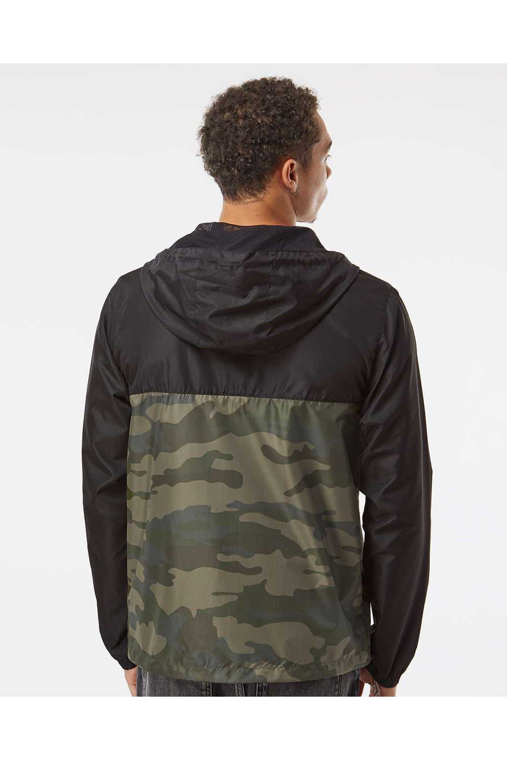 Independent Trading Co. EXP54LWZ Mens Full Zip Windbreaker Hooded Jacket Black/Forest Green Camo Model Back