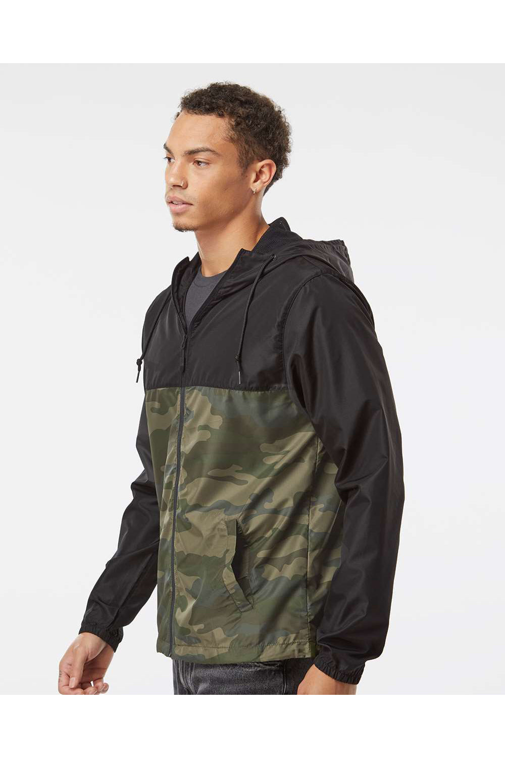 Independent Trading Co. EXP54LWZ Mens Full Zip Windbreaker Hooded Jacket Black/Forest Green Camo Model Side