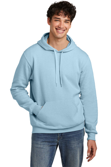 Jerzees 700M/700MR Mens Eco Premium Moisture Wicking Hooded Sweatshirt Hoodie w/ Pouch Pocket Heather Cloud Blue Model Front