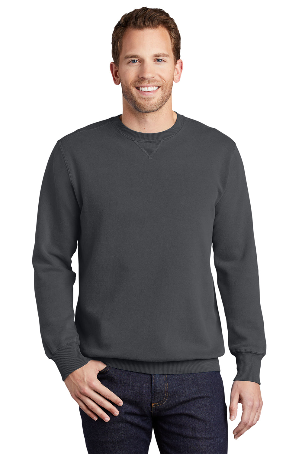 Port & Company PC098 Mens Beach Wash Fleece Crewneck Sweatshirt Coal Grey Model Front