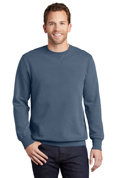 Port & Company PC098 Mens Beach Wash Fleece Crewneck Sweatshirt Denim Blue Model Front