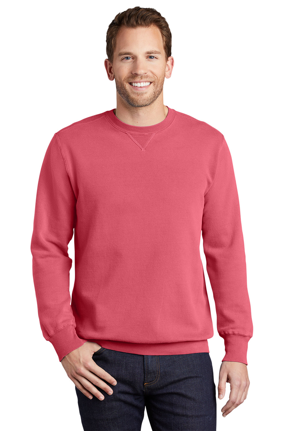 Port & Company PC098 Mens Beach Wash Fleece Crewneck Sweatshirt Fruit Punch Pink Model Front