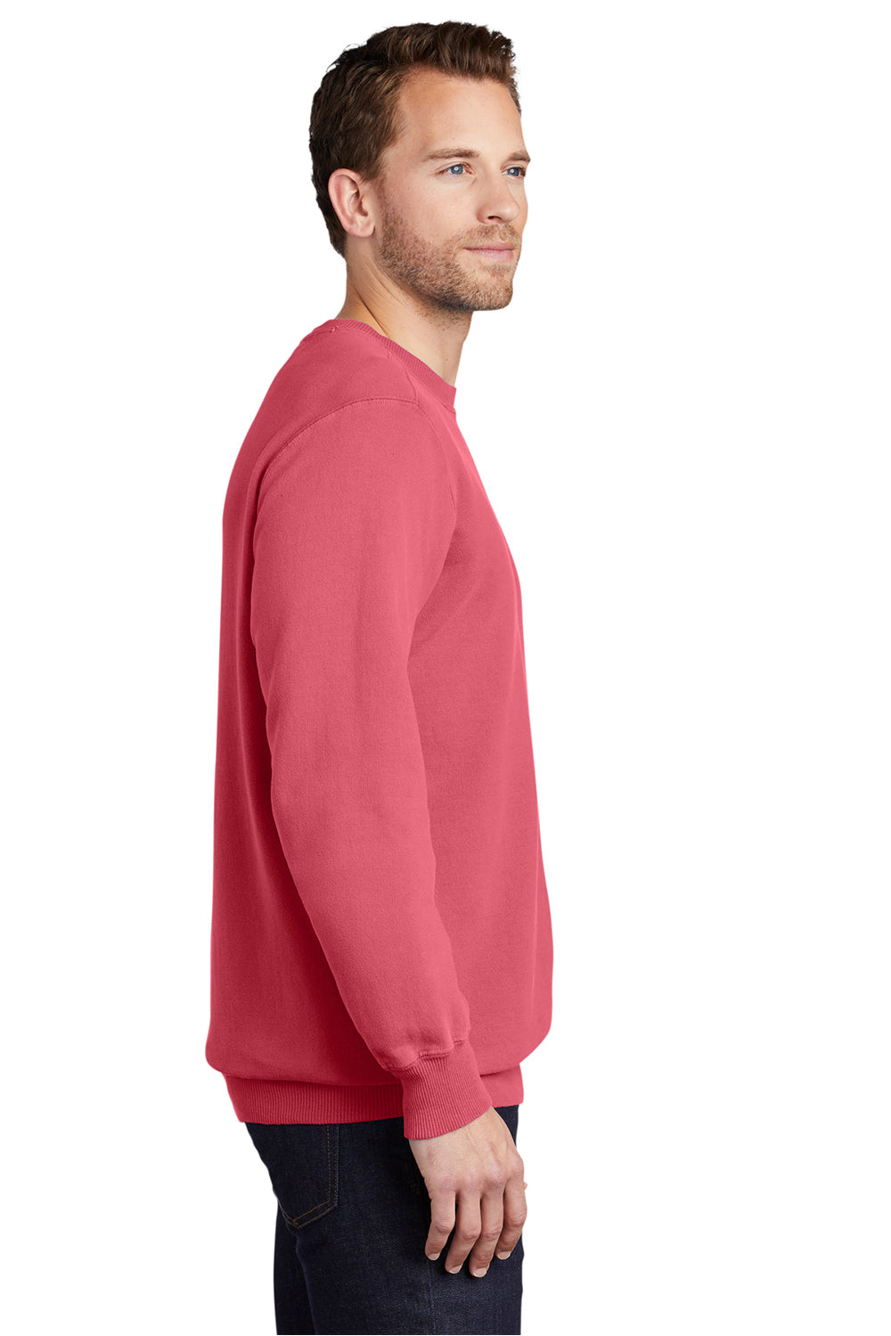 Port & Company PC098 Mens Beach Wash Fleece Crewneck Sweatshirt Fruit Punch Pink Model Side