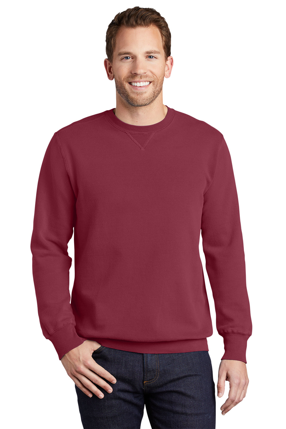 Port & Company PC098 Mens Beach Wash Fleece Crewneck Sweatshirt Merlot Red Model Front