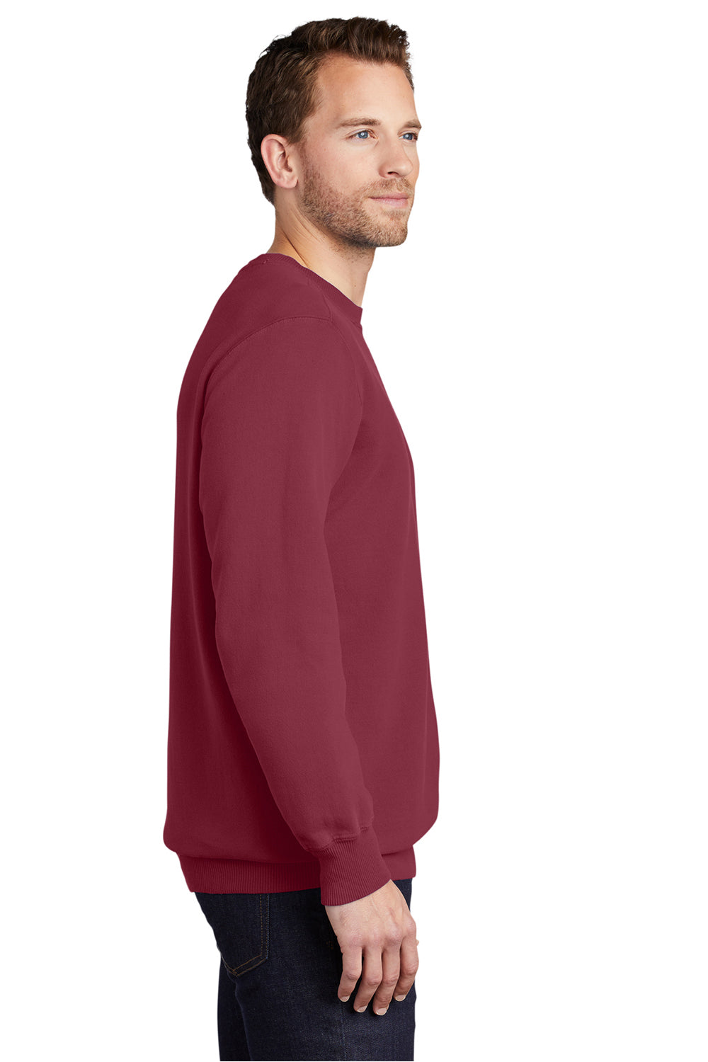 Port & Company PC098 Mens Beach Wash Fleece Crewneck Sweatshirt Merlot Red Model Side