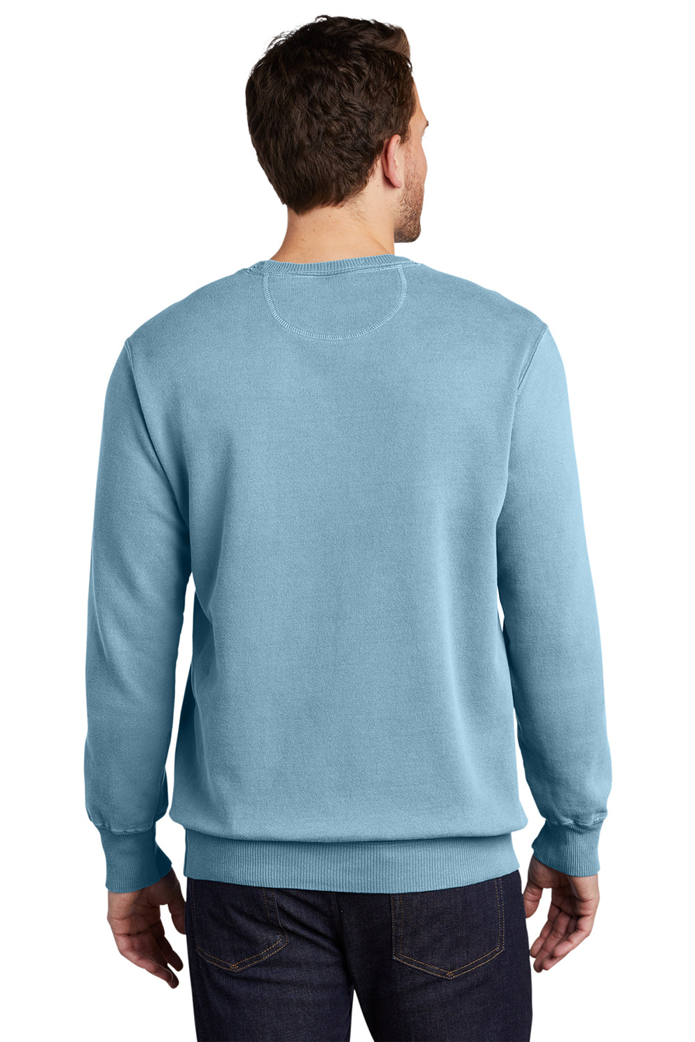 Port & Company PC098 Mens Beach Wash Fleece Crewneck Sweatshirt Mist Blue Model Back