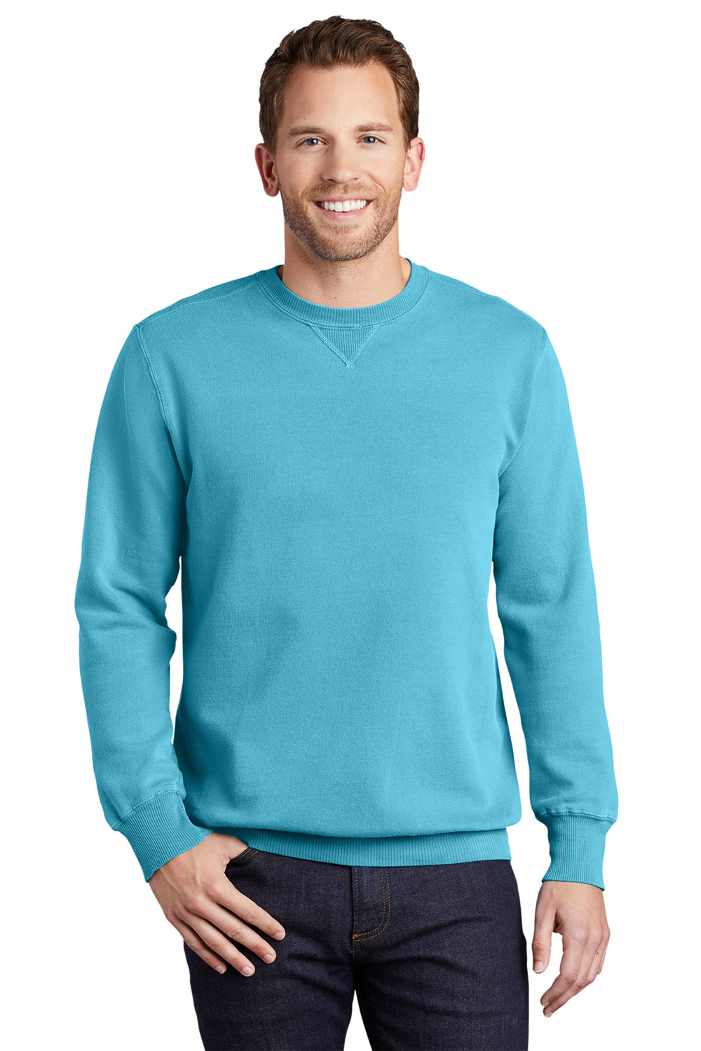 Port & Company PC098 Mens Beach Wash Fleece Crewneck Sweatshirt Tidal Wave Blue Model Front