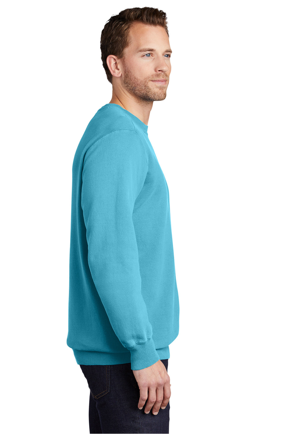 Port & Company PC098 Mens Beach Wash Fleece Crewneck Sweatshirt Tidal Wave Blue Model Side