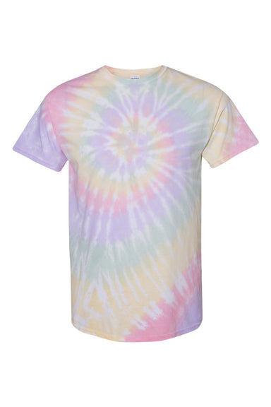 Dyenomite 200MS Mens Spiral Tie Dyed Short Sleeve Crewneck T-Shirt Hazy Rainbow Flat Front