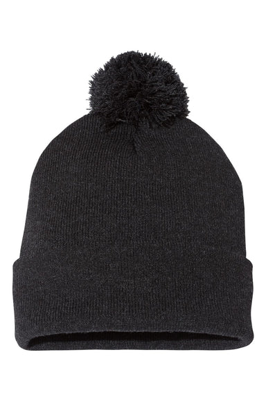 Sportsman SP15 Mens Pom-Pom Cuffed Beanie Heather Charcoal Grey Flat Front