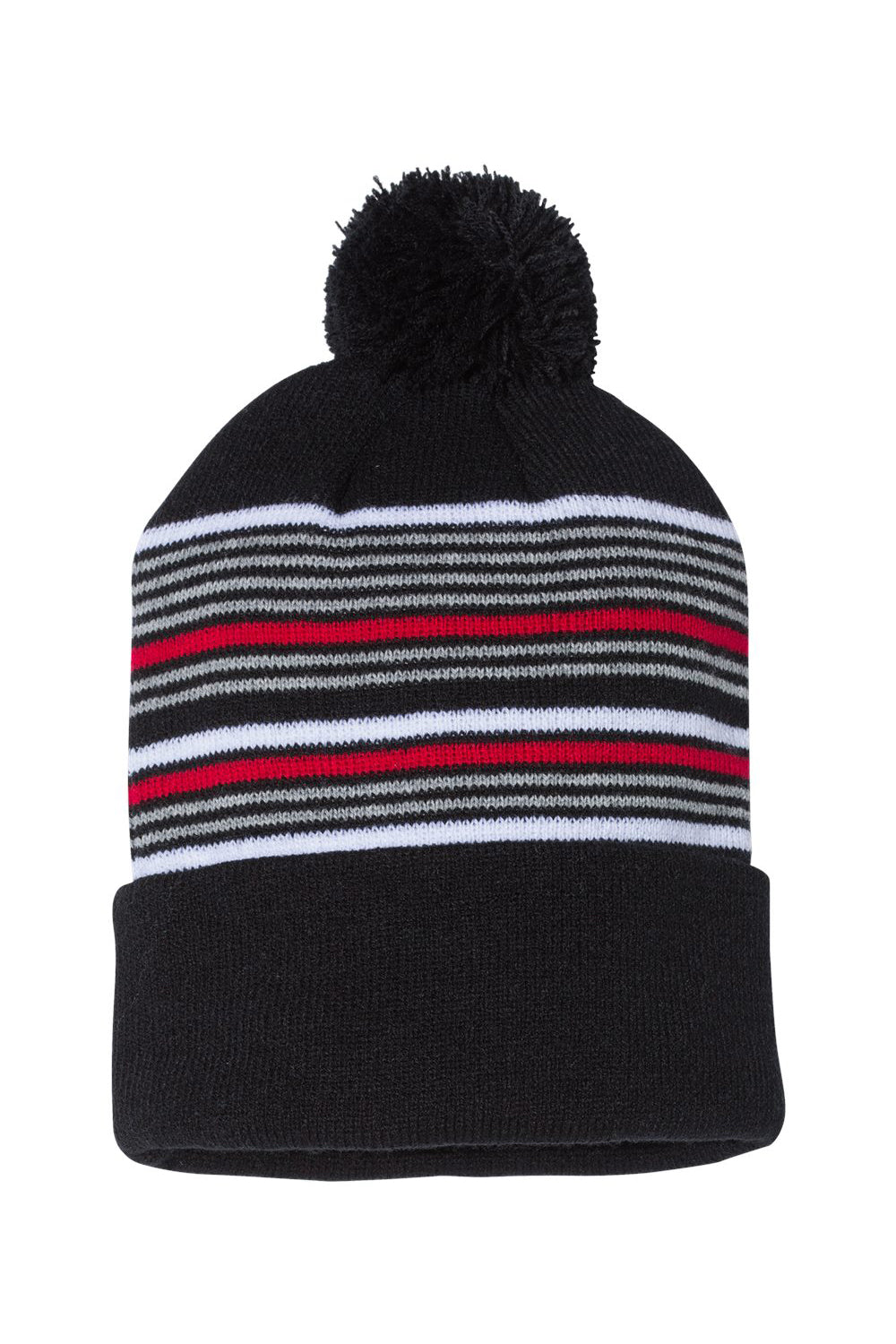 Sportsman SP60 Mens Striped Pom-Pom Cuffed Beanie Black/White/Grey/Red Flat Front