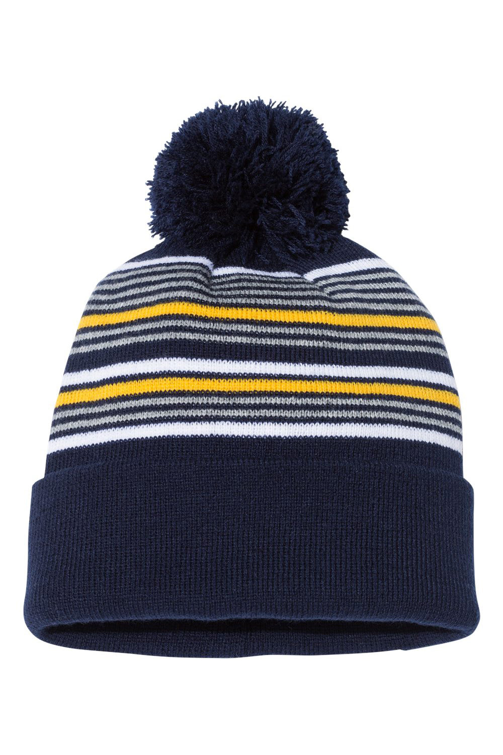 Sportsman SP60 Mens Striped Pom-Pom Cuffed Beanie Navy Blue/White/Grey/Gold Flat Front