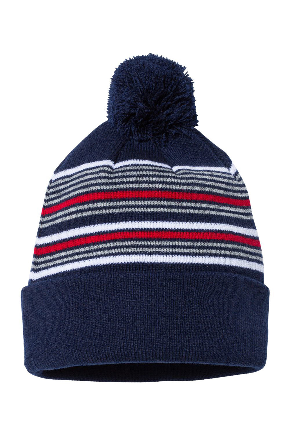 Sportsman SP60 Mens Striped Pom-Pom Cuffed Beanie Navy Blue/White/Grey/Red Flat Front