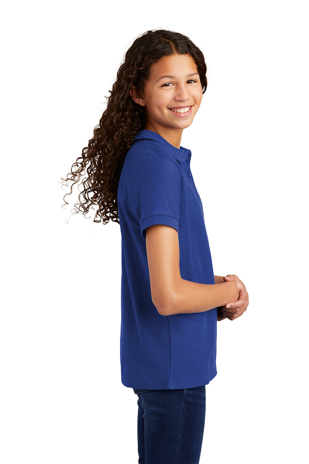 Port Authority YG503 Youth Silk Touch Wrinkle Resistant Short Sleeve Polo Shirt Royal Blue Model Side