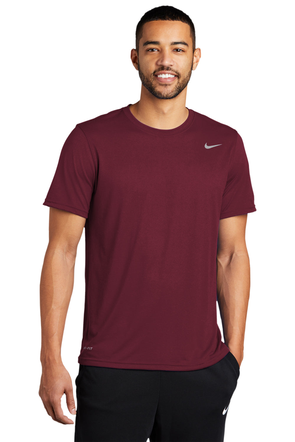 Nike 727982 Mens Legend Dri-Fit Moisture Wicking Short Sleeve Crewneck T-Shirt Deep Maroon Model Front