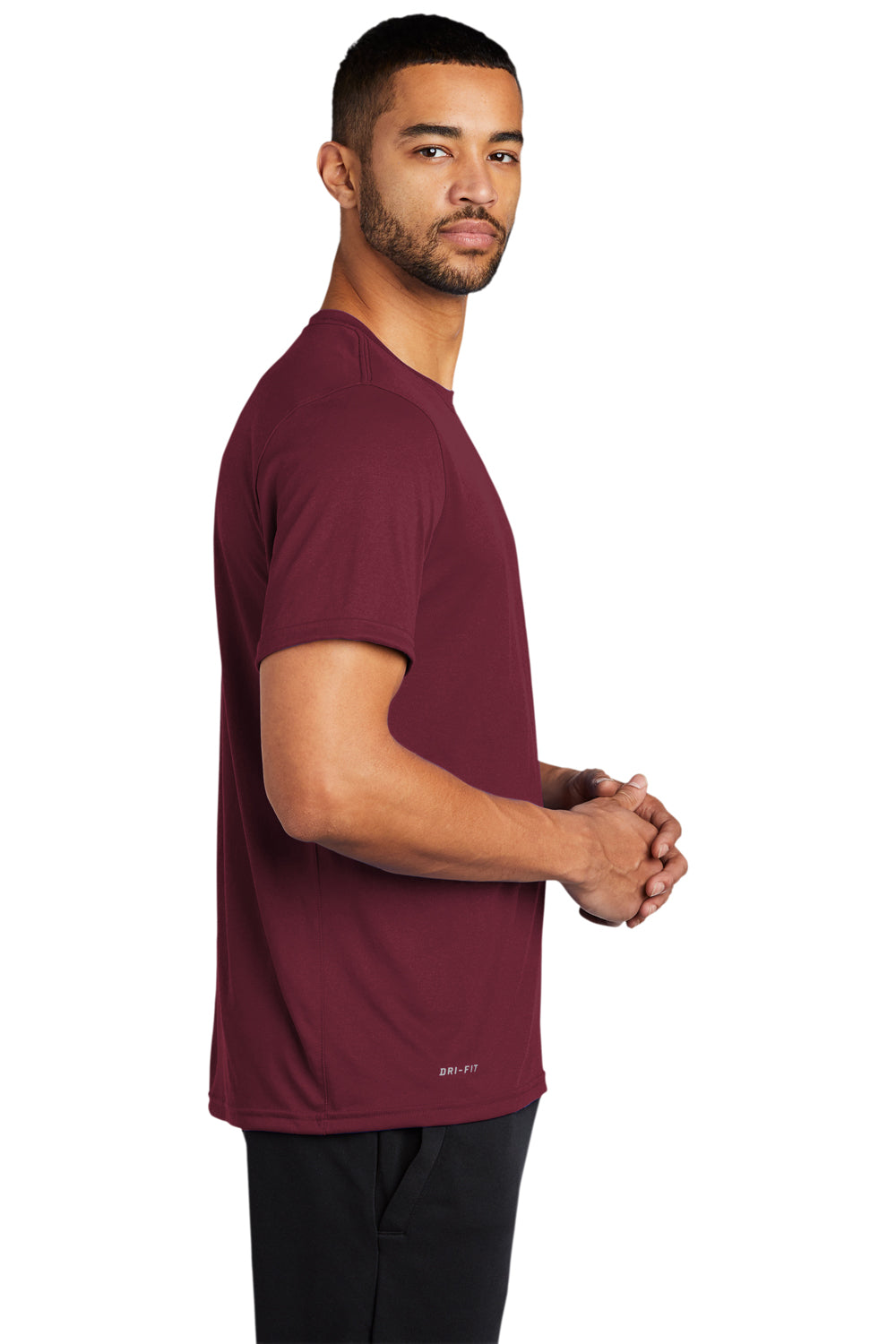 Nike 727982 Mens Legend Dri-Fit Moisture Wicking Short Sleeve Crewneck T-Shirt Deep Maroon Model Side