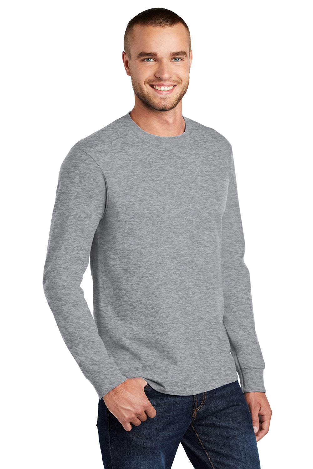 Port & Company PC61LS/PC61LST Mens Essential Long Sleeve Crewneck T-Shirt Heather Grey Model 3q