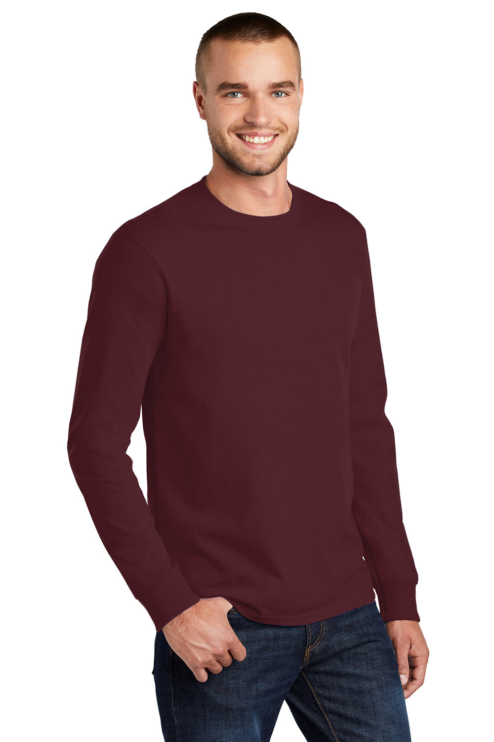 Port & Company PC61LS/PC61LST Mens Essential Long Sleeve Crewneck T-Shirt Athletic Maroon Model 3q