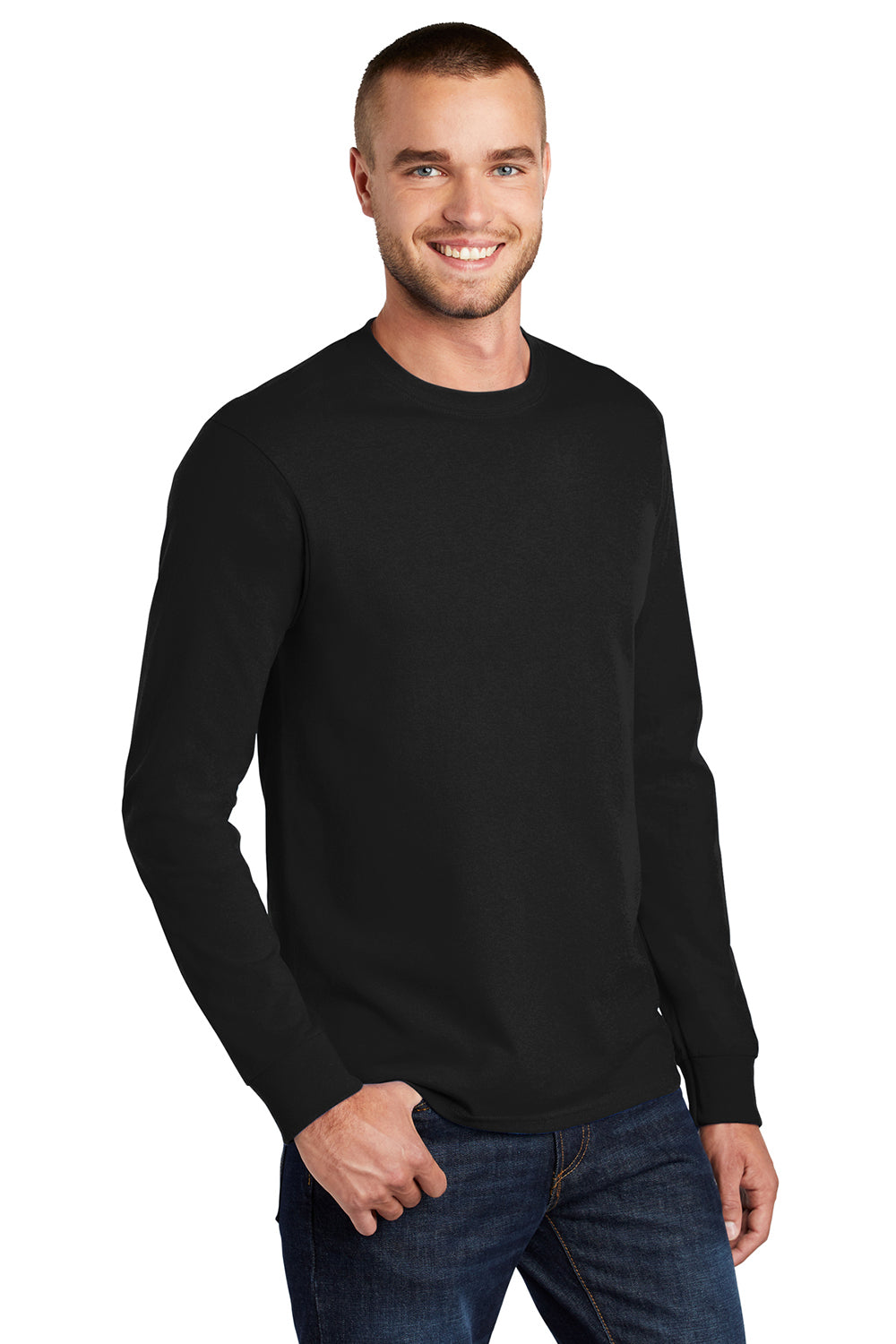 Port & Company PC61LS/PC61LST Mens Essential Long Sleeve Crewneck T-Shirt Jet Black Model 3q