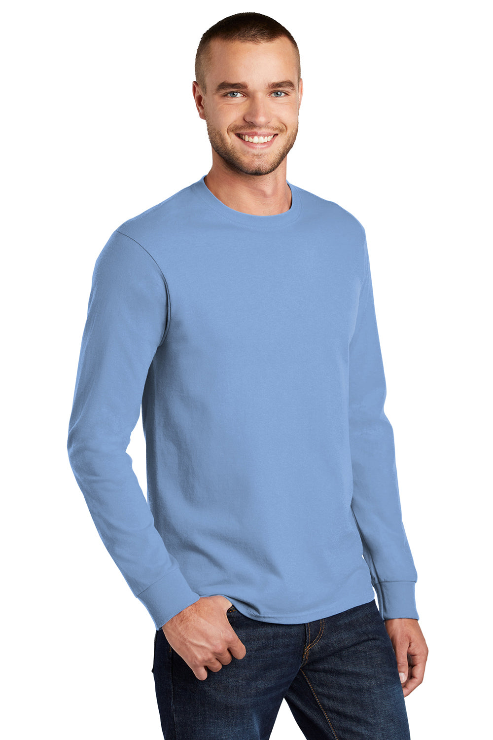 Port & Company PC61LS/PC61LST Mens Essential Long Sleeve Crewneck T-Shirt Light Blue Model 3q