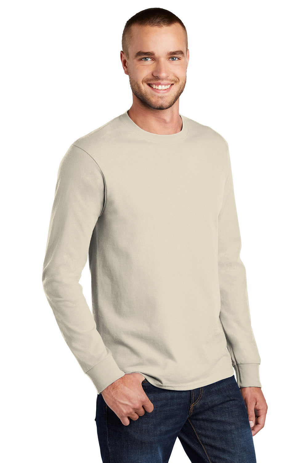 Port & Company PC61LS/PC61LST Mens Essential Long Sleeve Crewneck T-Shirt Natural Model 3q