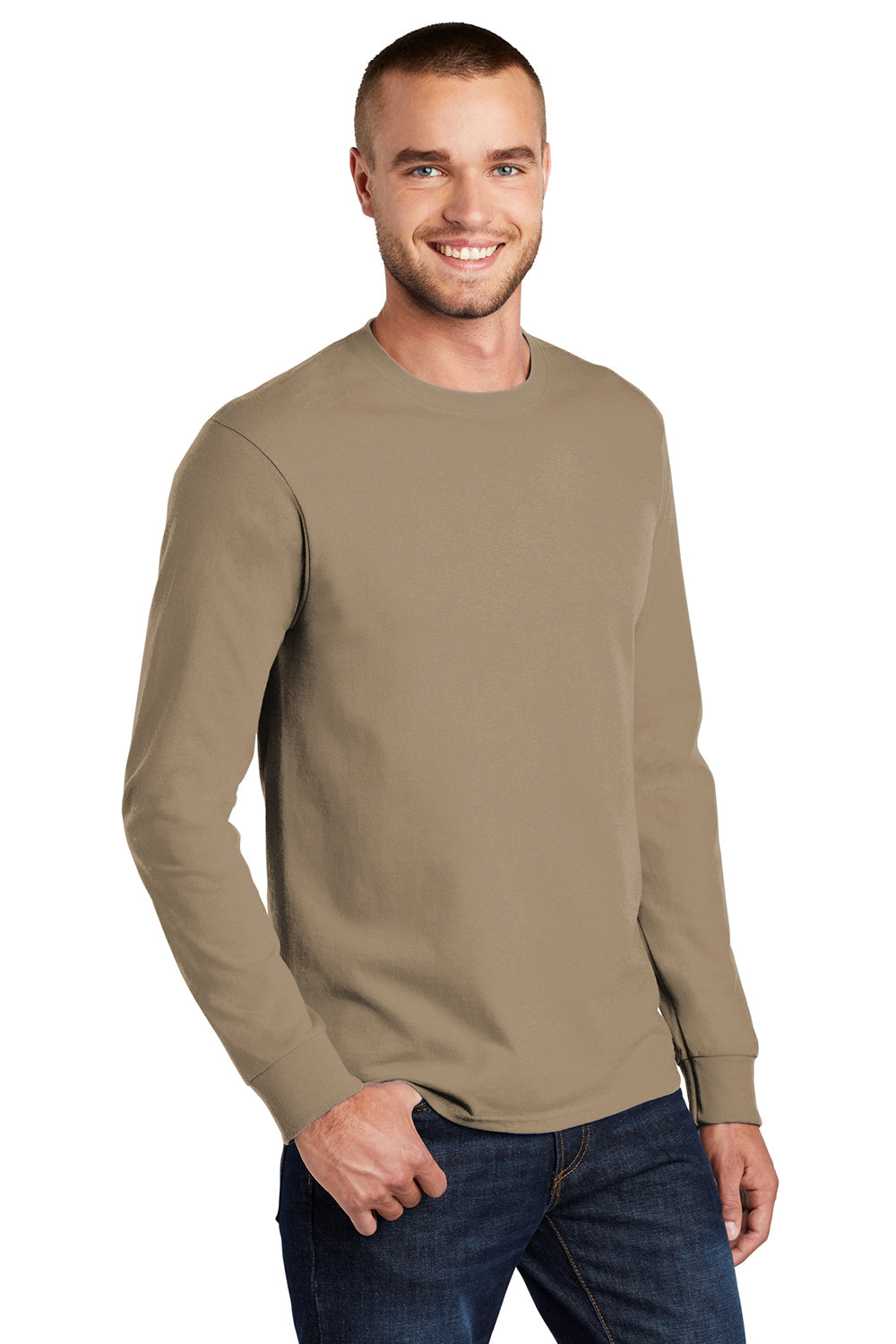 Port & Company PC61LS/PC61LST Mens Essential Long Sleeve Crewneck T-Shirt Sand Model 3q