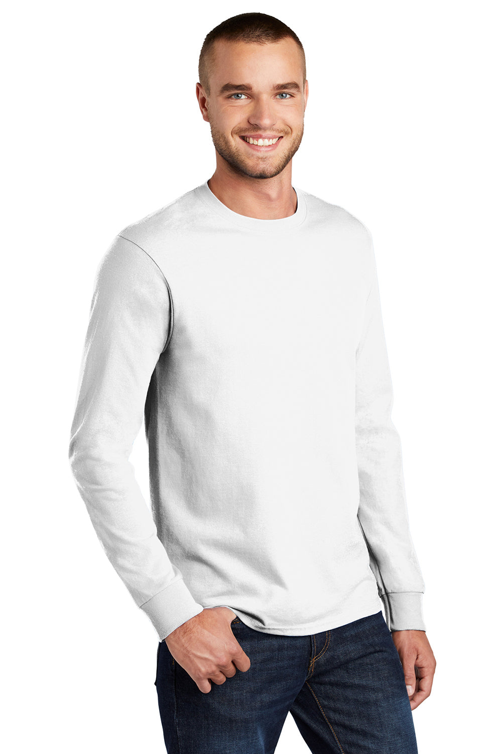 Port & Company PC61LS/PC61LST Mens Essential Long Sleeve Crewneck T-Shirt White Model 3q