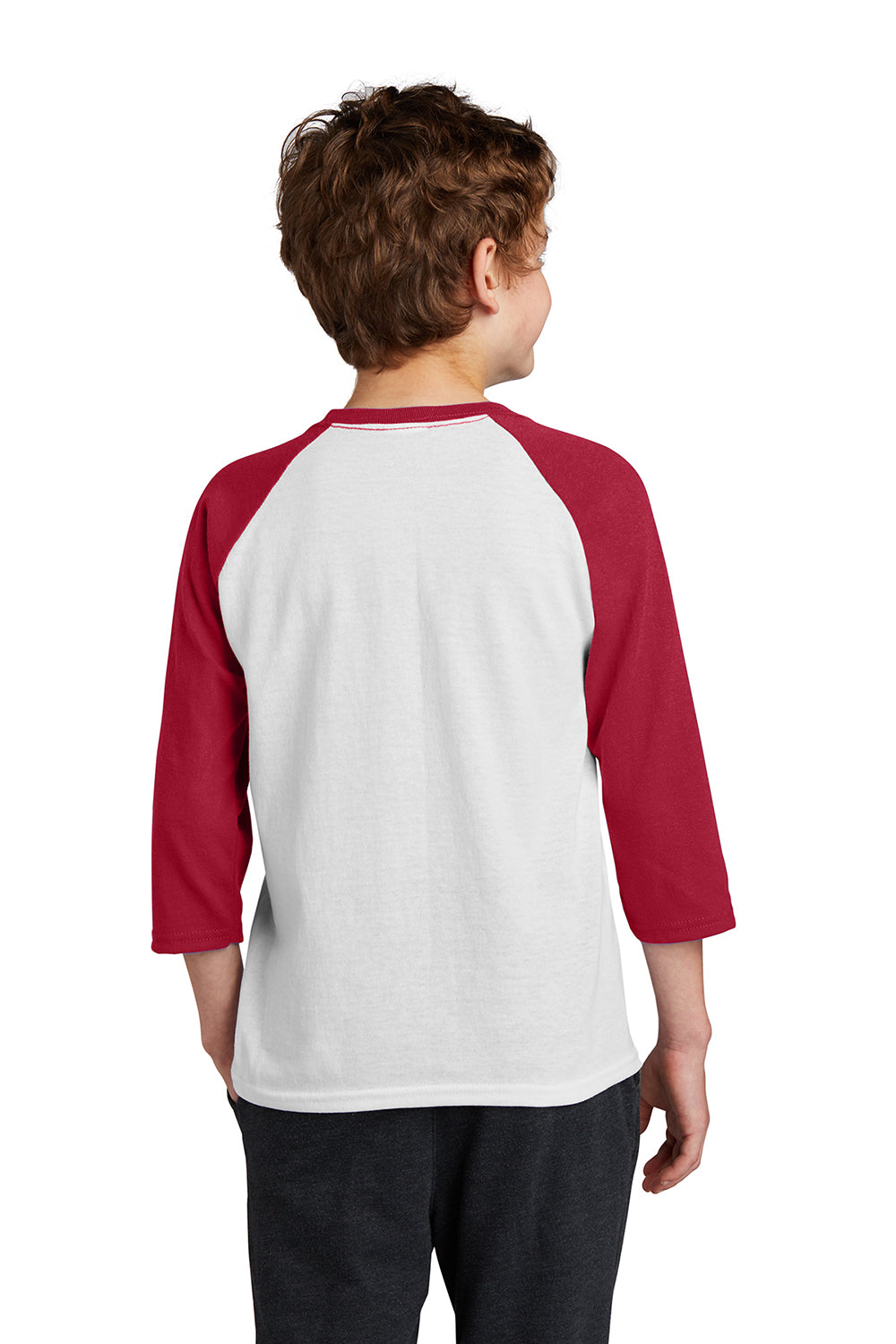 Port & Company PC55YRS Youth Core Moisture Wicking 3/4 Sleeve Crewneck T-Shirt White/Red Model Back