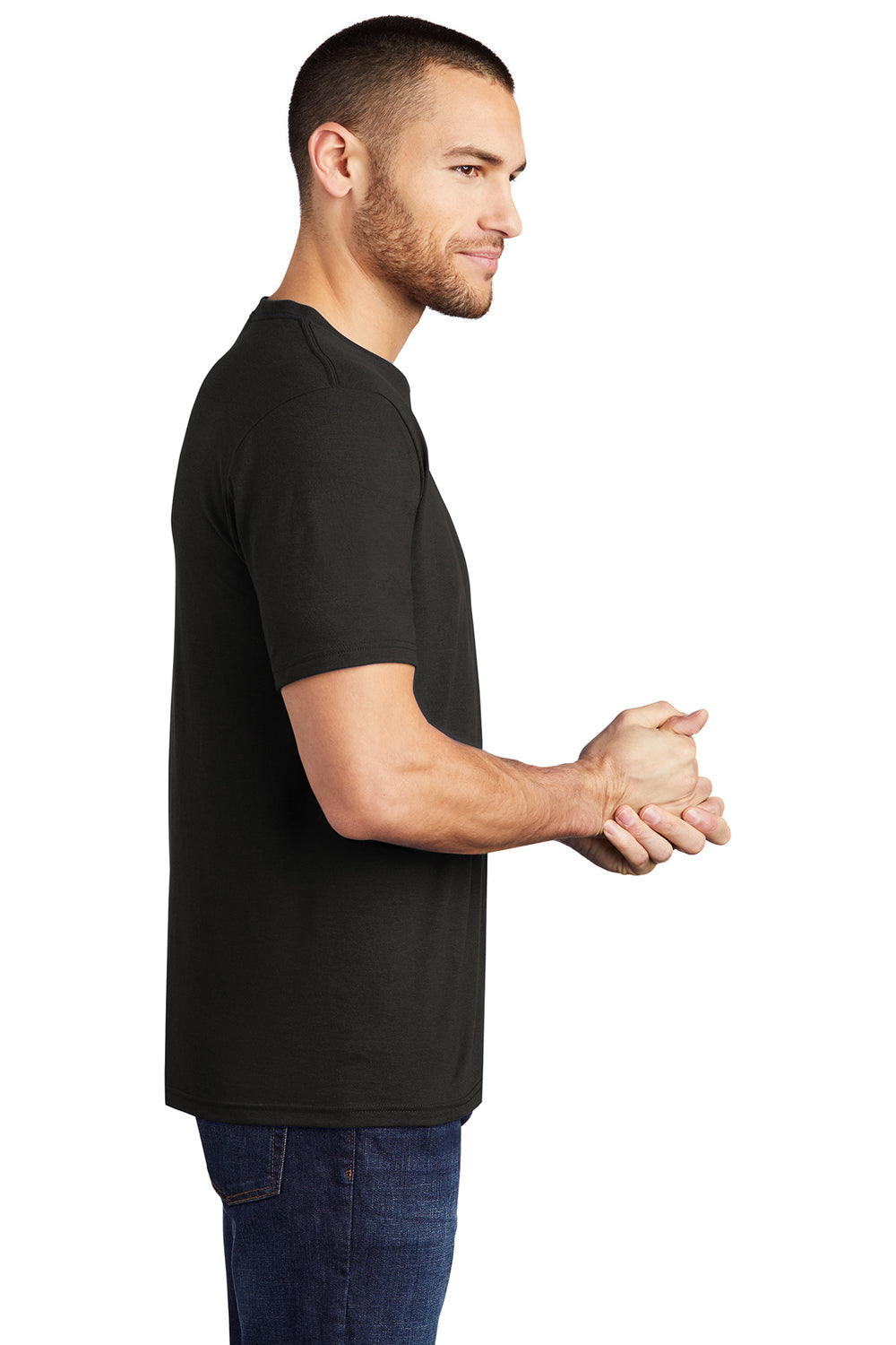 District DM130 Mens Perfect Tri Short Sleeve Crewneck T-Shirt Black Model Side