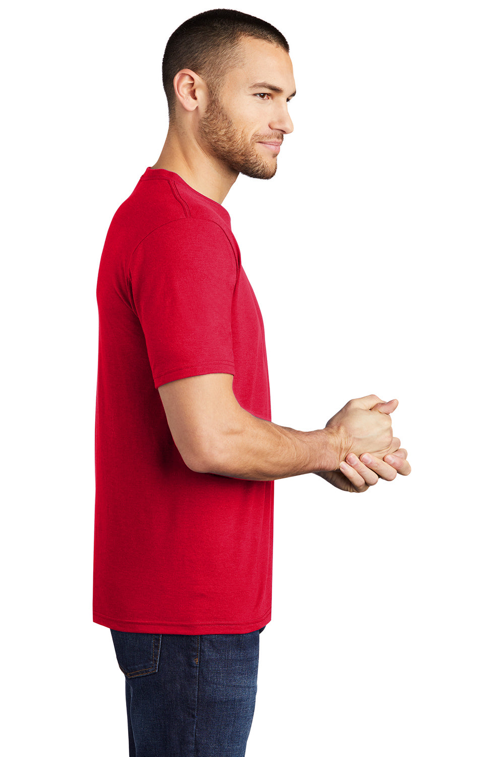 District DM130 Mens Perfect Tri Short Sleeve Crewneck T-Shirt Classic Red Model Side