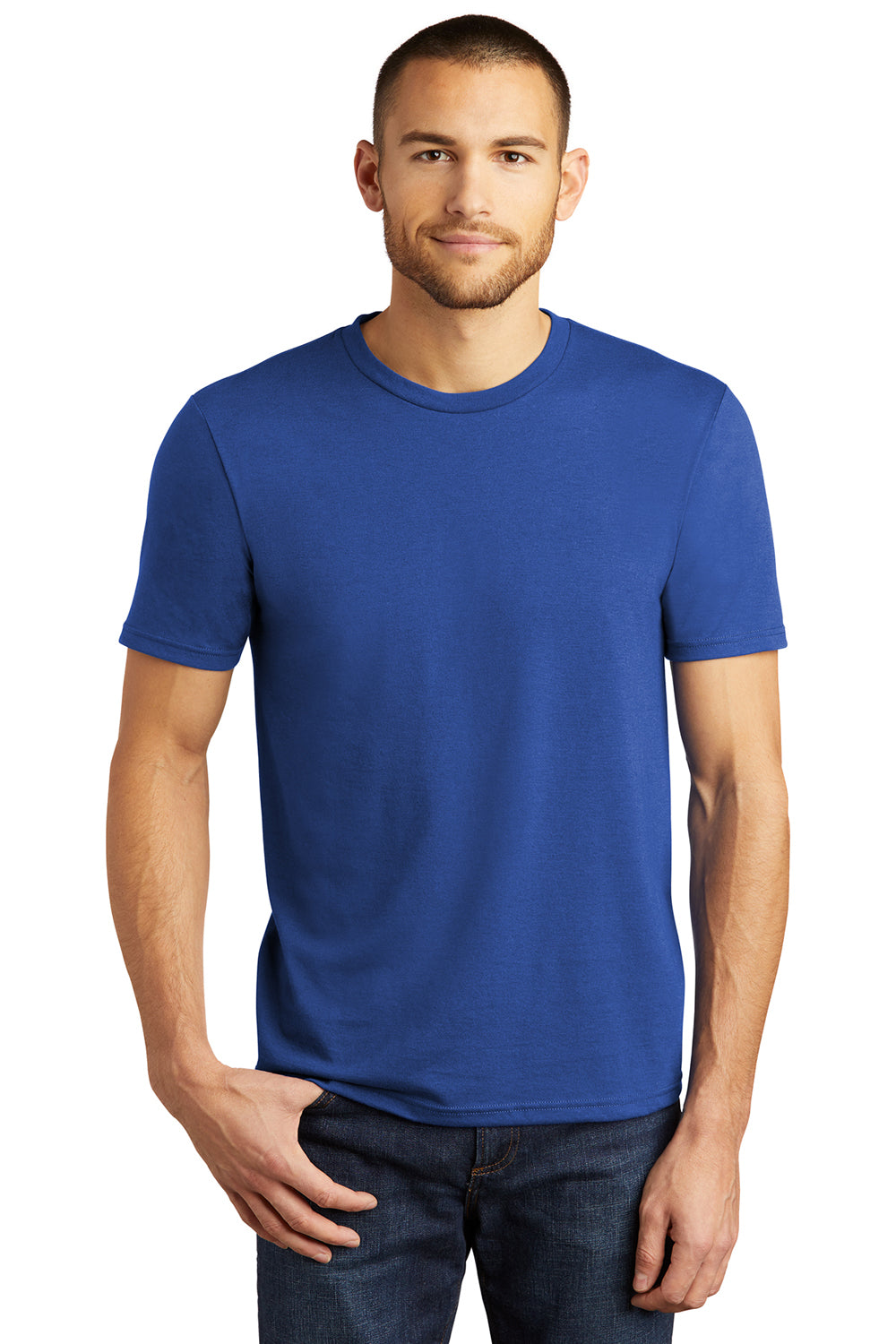 District DM130 Mens Perfect Tri Short Sleeve Crewneck T-Shirt Deep Royal Blue Model Front