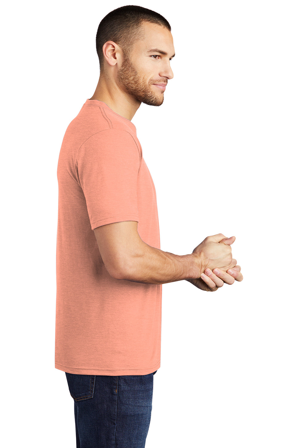 District DM130 Mens Perfect Tri Short Sleeve Crewneck T-Shirt Heather Dusty Peach Model Side