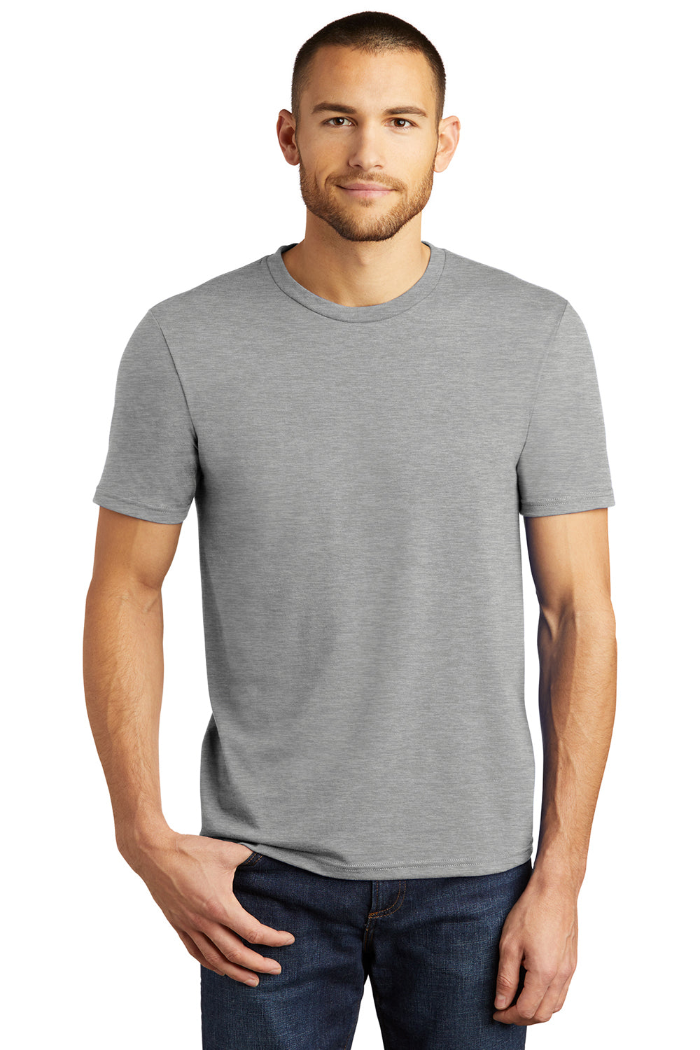 District DM130 Mens Perfect Tri Short Sleeve Crewneck T-Shirt Heather Grey Model Front