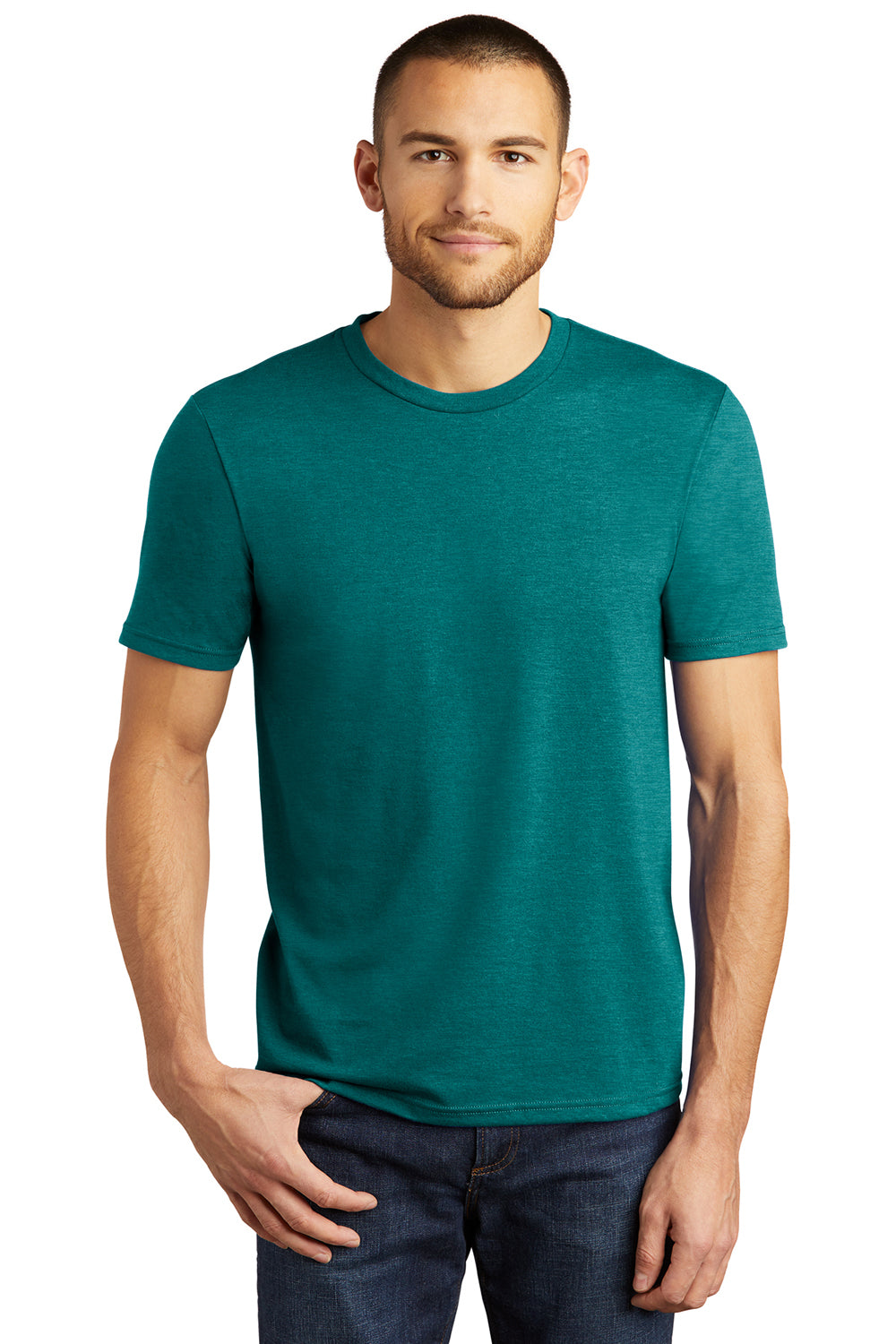 District DM130 Mens Perfect Tri Short Sleeve Crewneck T-Shirt Heather Teal Blue Model Front