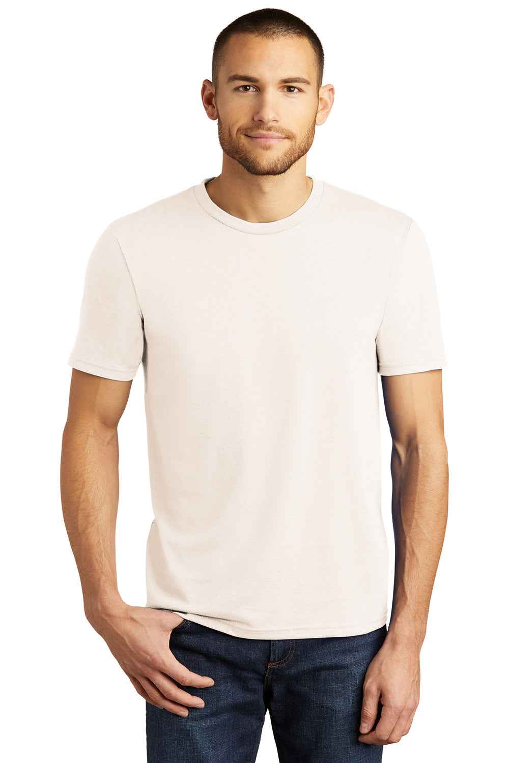 District DM130 Mens Perfect Tri Short Sleeve Crewneck T-Shirt Natural Model Front