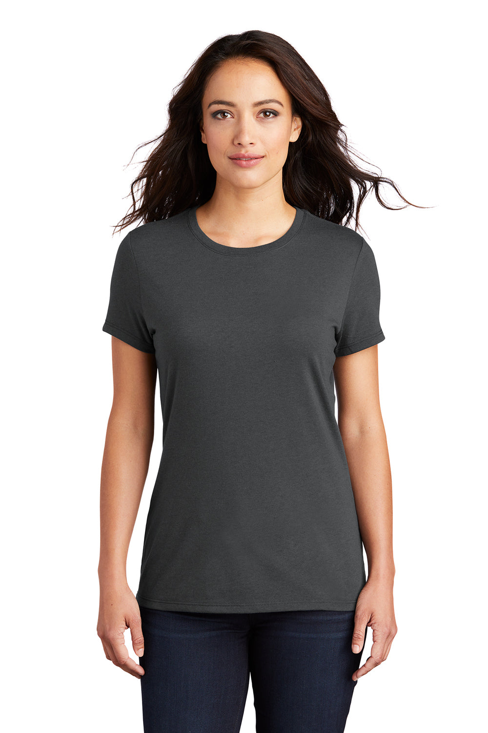 District DM130L Womens Perfect Tri Short Sleeve Crewneck T-Shirt Charcoal Grey Model Front