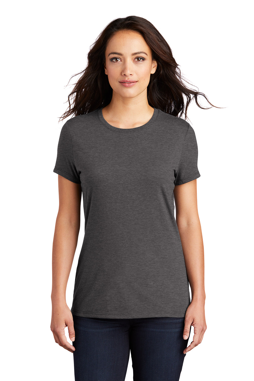 District DM130L Womens Perfect Tri Short Sleeve Crewneck T-Shirt Heather Charcoal Grey Model Front