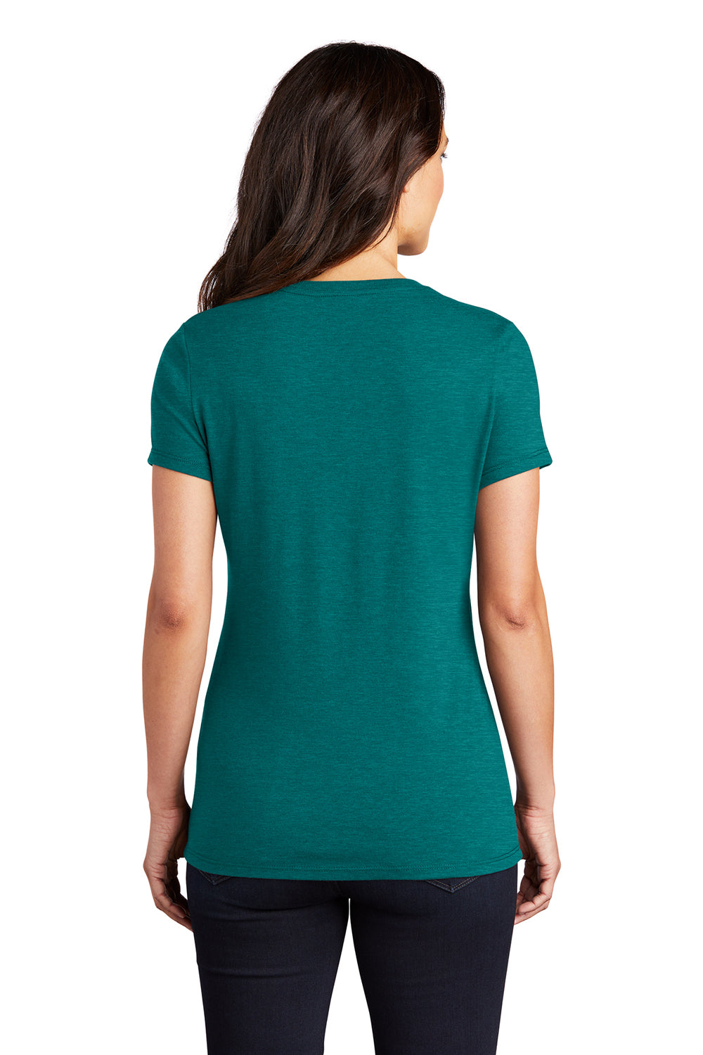 District DM130L Womens Perfect Tri Short Sleeve Crewneck T-Shirt Heather Teal Blue Model Back