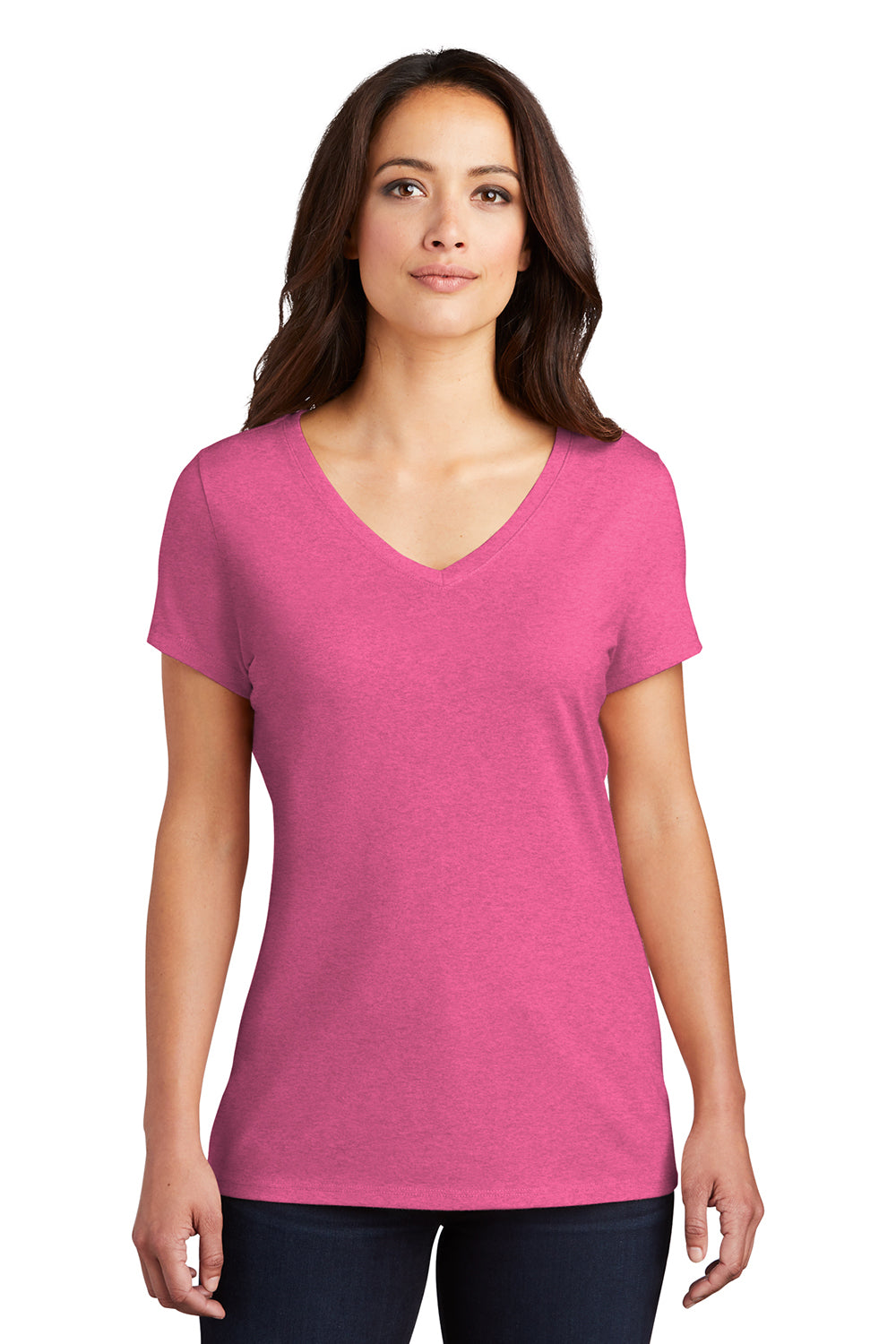 District DM1350L Womens Perfect Tri Short Sleeve V-Neck T-Shirt Fuchsia Pink Frost Model Front