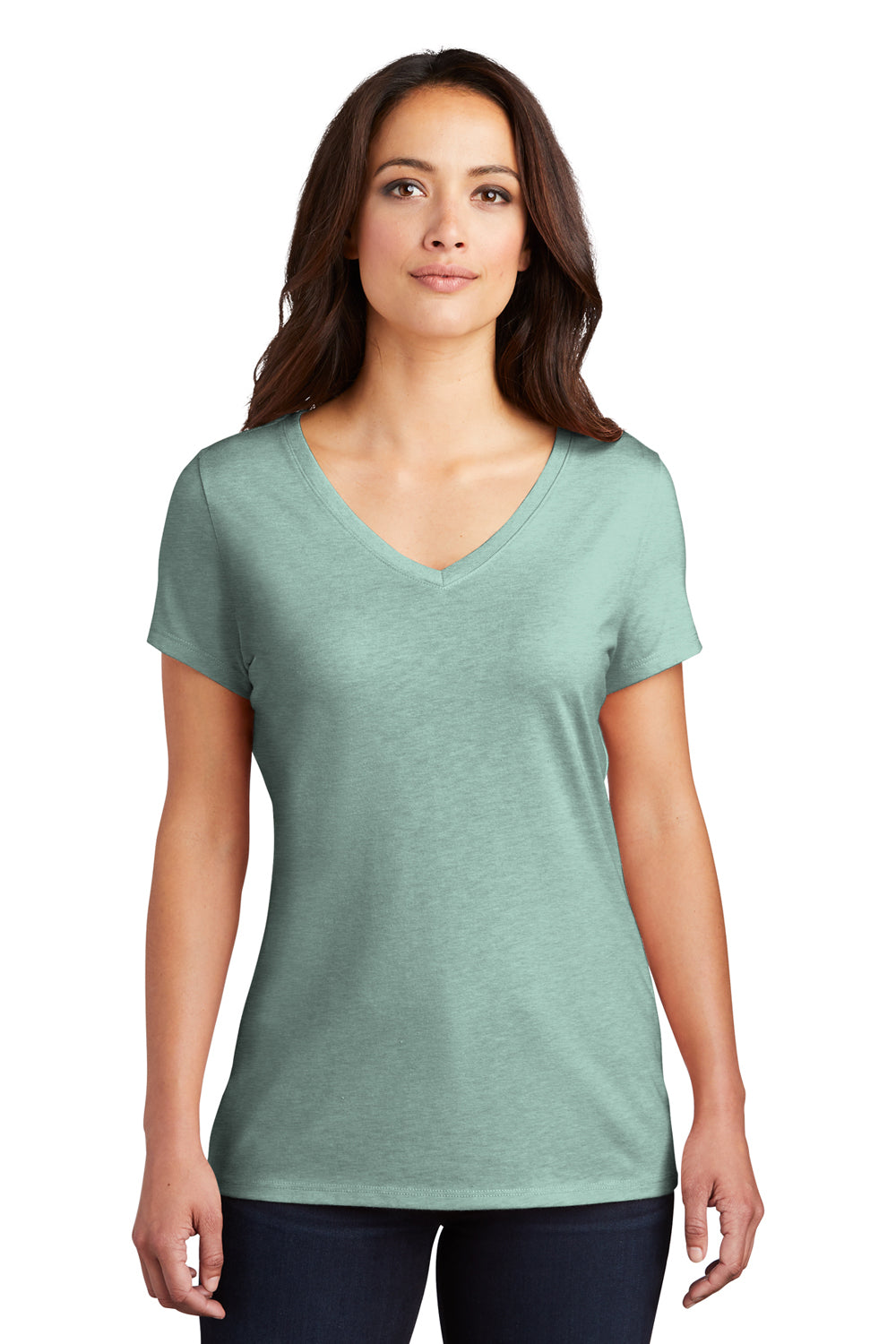 District DM1350L Womens Perfect Tri Short Sleeve V-Neck T-Shirt Heather Dusty Sage Model Front