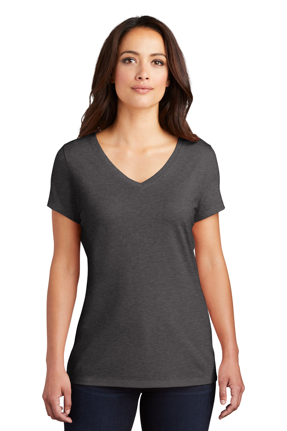 District DM1350L Womens Perfect Tri Short Sleeve V-Neck T-Shirt Heather Charcoal Grey Model Front