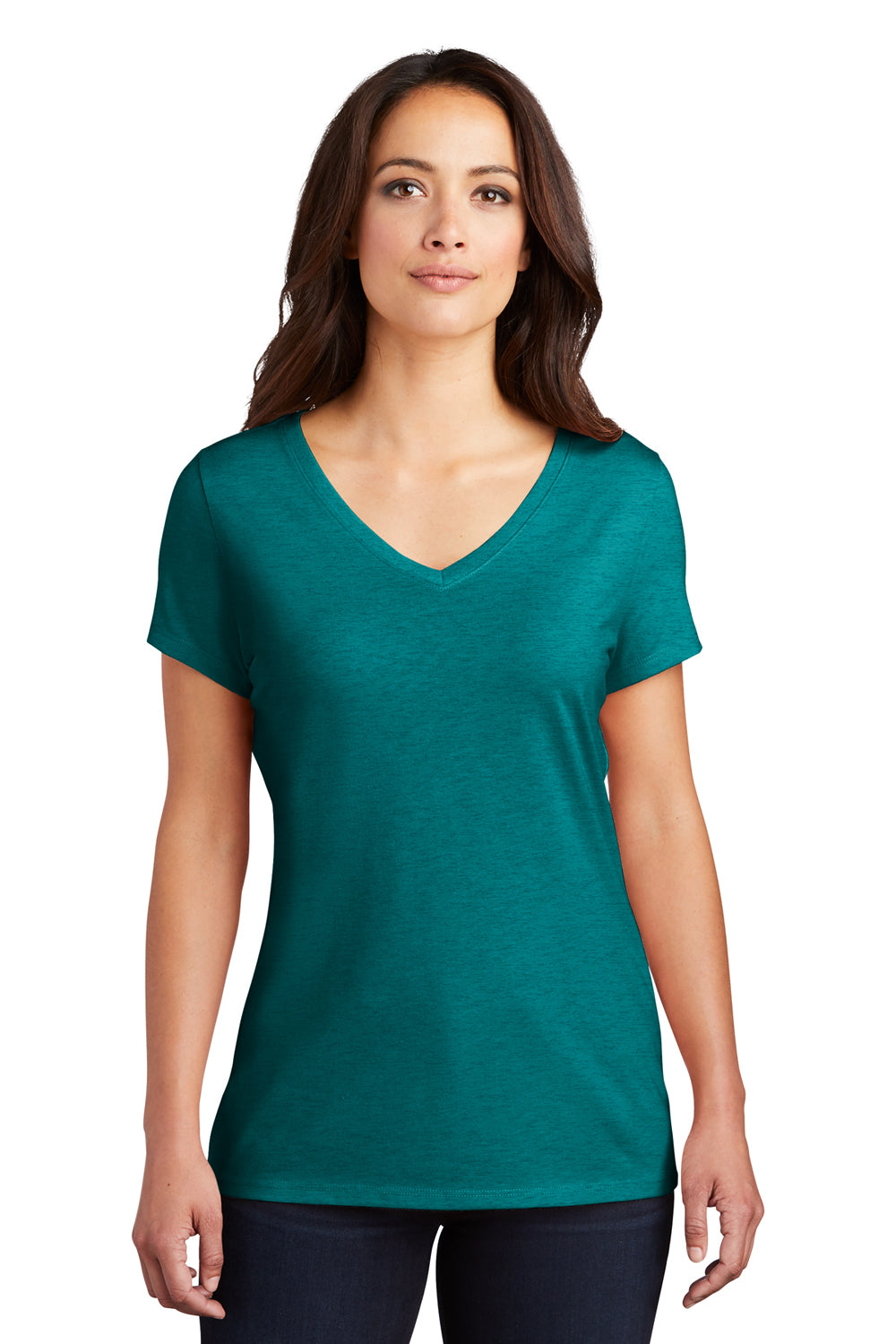 District DM1350L Womens Perfect Tri Short Sleeve V-Neck T-Shirt Heather Teal Blue Model Front