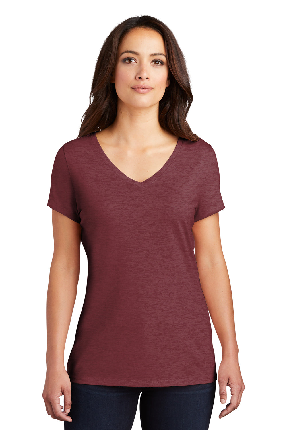 District DM1350L Womens Perfect Tri Short Sleeve V-Neck T-Shirt Maroon Frost Model Front